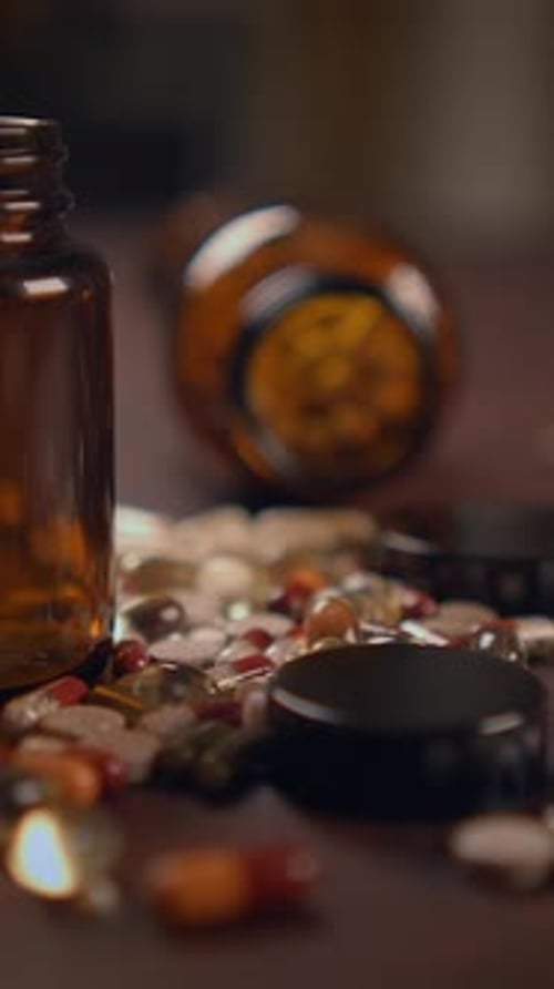 À l'intérieur d'une bouteille en verre brun, vous pouvez découvrir une variété de pilules et de vitamines éparpillées