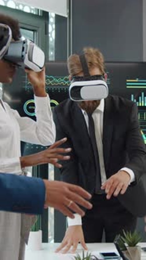 Business People Using VR Headsets in Modern Office
