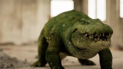 Crocodile dans un bâtiment abandonné explorant ses environs pendant la journée