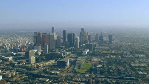 Aerial View Downtown Skyline On A Sunny Day In Los Angeles, California. Shot On 4k Red Camera.