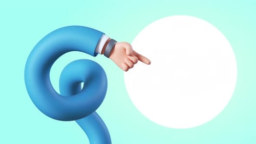 divertido personaje de dibujos animados con la mano en espiral que señala con el dedo con etiqueta de precio redonda en blanco