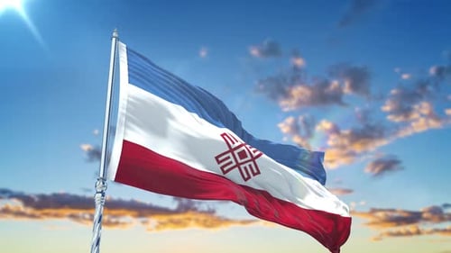 Realistic Mari El Republic Flag Waving Against Blue Sky