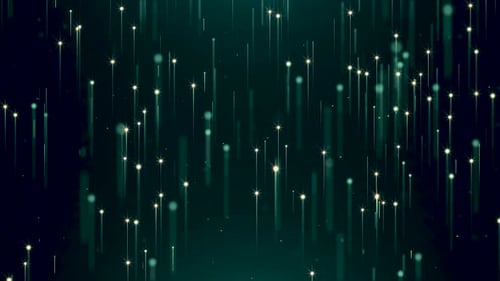 Colorful blue particles flying from left to right on black background