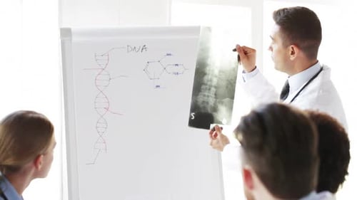 Hospital, Profession, Medical Education, People And Medicine Concept - Doctor Or Mentor With Grou...