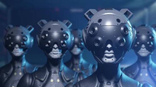 Eine Armee von Robotern mit Helmtransformationseffekt. Der Roboter beobachtet, was passiert