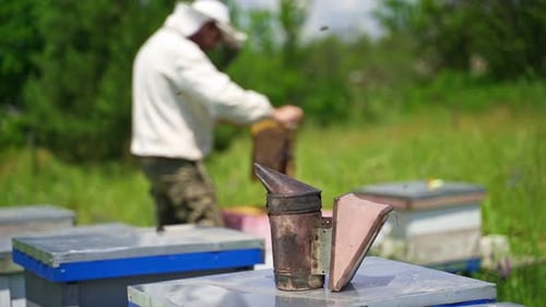 Apiary tool. Chimney on the background of beekeeper examining bees in summer.
