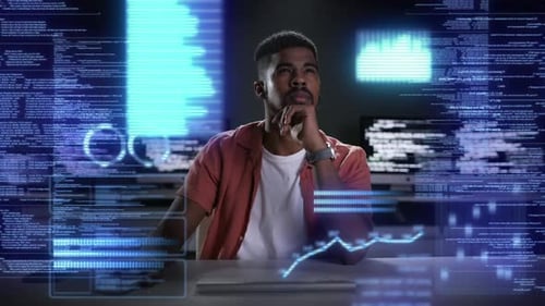 Hologram, man and programmer with code, focus and digital software with big data