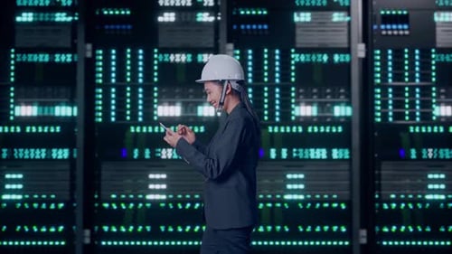 Asian Businesswoman Use Smartphone While Walking in Data Center