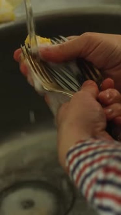 Vertical Video Hands Wash Utensils in Kitchen Sink