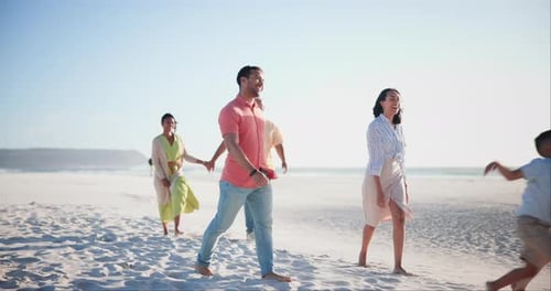 Big family, grandparents and parents with kids on beach for walking, holding hands