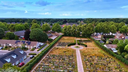Footage over the cemetery locate din the middle of the town.