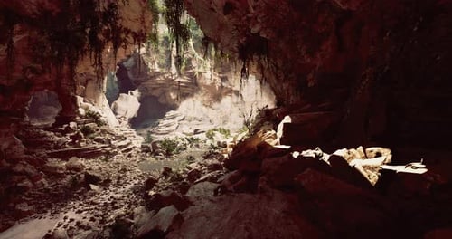 Exploring a Stunning Cave Landscape with Sunlight Streaming Through Foliage