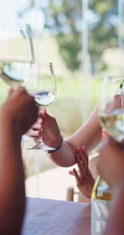 Cheers, wine and hands of friends in restaurant for social gathering, reunion and tasting event