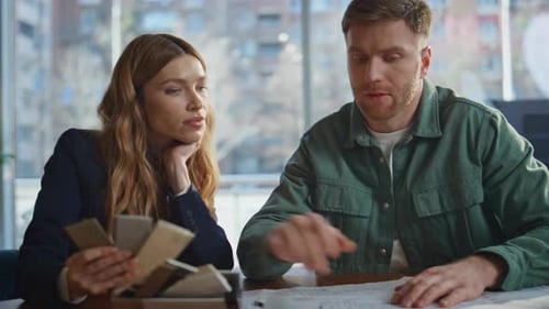 Two Colleagues Discussing Project in Office Workspace Closeup Confident Man