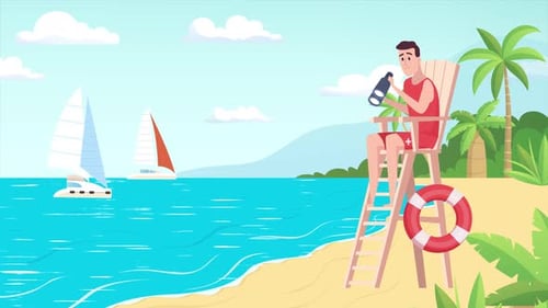 Lifeguard watching from the beach animated landscape looped + 4k