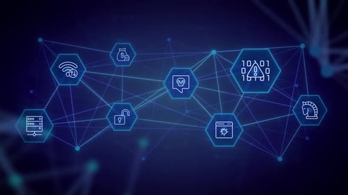 Animated Digital Network of Cybersecurity Icons and Connections