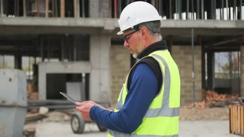 Experienced civil engineer with digital tablet to construction site conduct building inspection aud