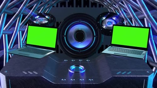 3D Laptop mockup with green screen in the background of future technology