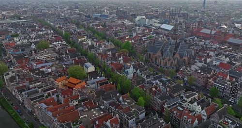 Drone Shot Amsterdam Summer Cityscape Narrow Old Houses Canals Aerial View of Famous Places