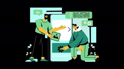 Two men collaborating on technology and data visualization
