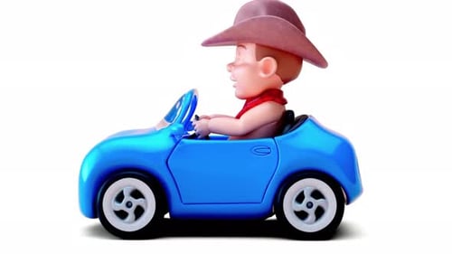 3D Animated Cartoon Cowboy Character Driving a Small Car