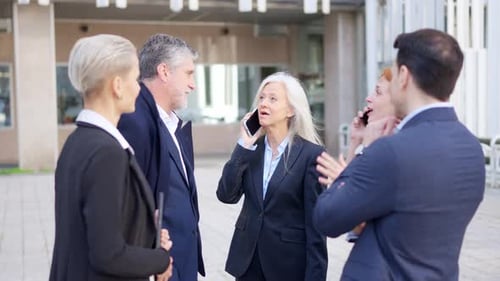 Teamwork of Business People Talking and Using Mobiles Outdoors