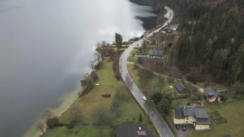 Aerial view of Hallstatter See lake, Upper Austria, Austria.