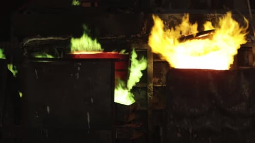 Roaring Flames in Dark Industrial Setting