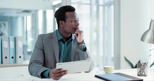 Business man, thinking and tablet for solution in stock market, investment