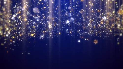 Falling Golden Glitter Snowflakes on Blue Festive Background