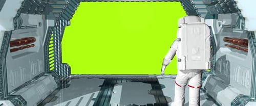 Astronaut Walking in Sci-Fi Spacecraft Corridor with Green Screen