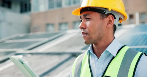 Roof, solar panel and tablet with construction worker man outdoor for installation or maintenance