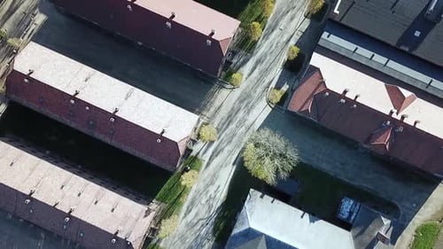 Drone shot of barracks in Auschwitz 1, Poland, Europe