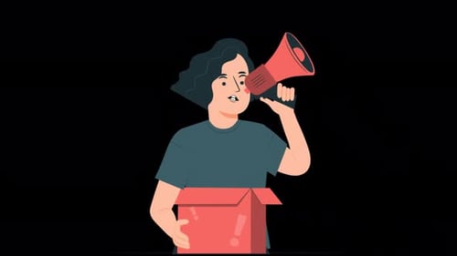 Woman With Megaphone In Hand Presents Product 4K Alpha Channel