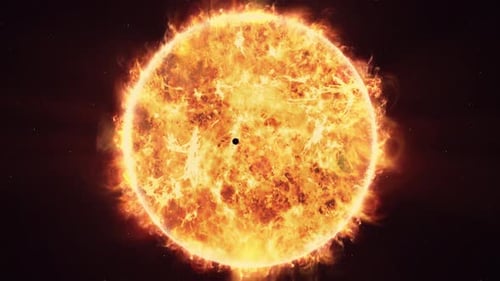 Planet orbiting the surface of the Sun. Wide Shot