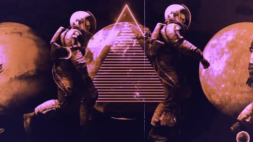 Astronauts approach pyramid on moonlit space