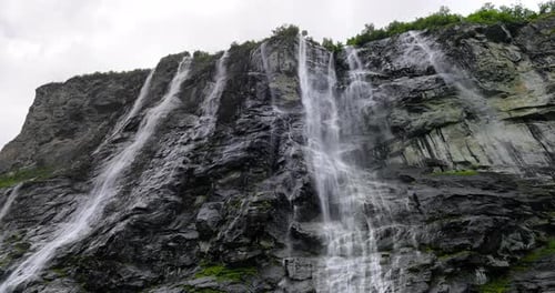 Geiranger fjord, waterfall Seven Sisters. Beautiful Nature Norway natural landscape.