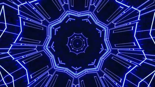 Dynamic glowing blue geometric shapes creating hypnotic tunnel