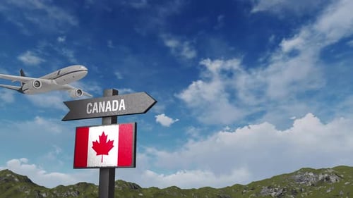 Canada Flag With Airplane And Arrow Sign