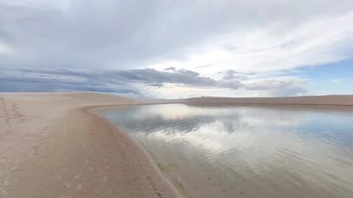 Aerial View of Lagoa Bonita Crystal Clear Lagoon in Lencois Maranhenses National Park, Brazil