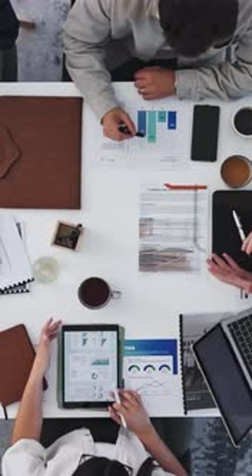 Hands, people and meeting with graphs in office for campaign strategy, KPI review and SEO report