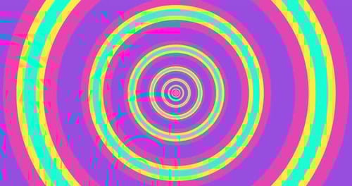 Flying Through Optical Illusion of Circles Creating Abstract Tunnel Pink Green and Purple Spectrum