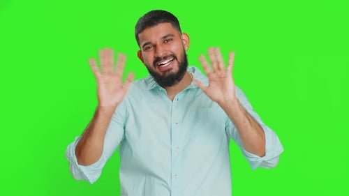 Bearded Man Waving Hello on Green Screen