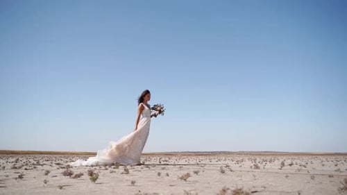Pretty Woman in Gorgeous Wedding Dress Walking at Desert Landscape Windy Weather Elegance Bride with