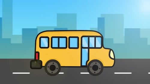 Autobús estilo juguete de dibujos animados conduciendo en la carretera 4K