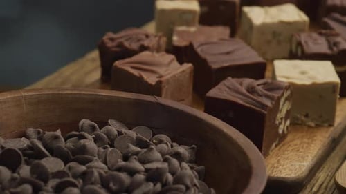 Variety of Handmade Chocolate Fudge on Wooden Tray