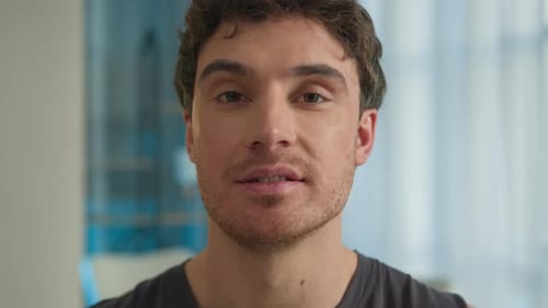 Close Up Face Happy Caucasian Man Eating Salad Vegetables Vegan Enjoy Healthy Food Guy Sportsman