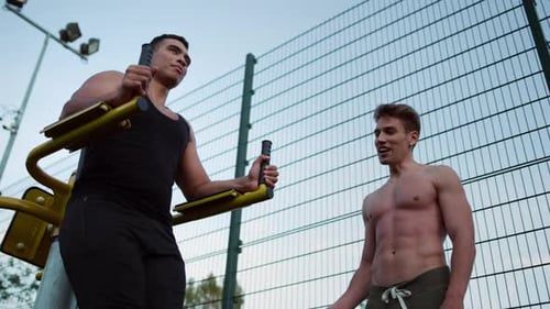 Smiling Friends Training Workout Together in Sport Playground Outdoor. Closeup Mixed Race