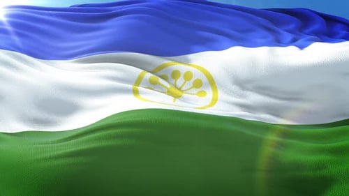 Waving Bashkortostan Flag with Sunlight and Blue Sky