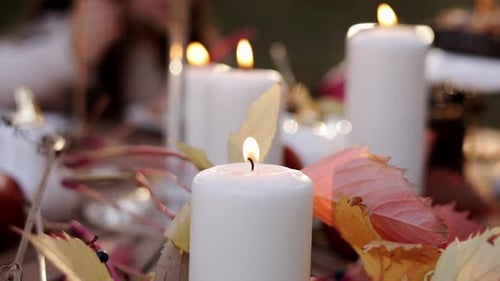 Beautiful Thanksgiving festive fall table setting with white burning candles and autumn leaves close